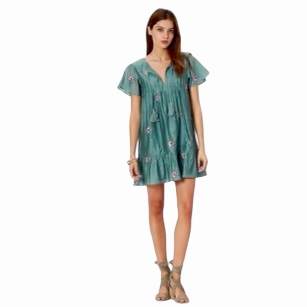 Tularosa Green Floral Embroidered Carson Babydoll Mini Silk Blend Dress Sz S